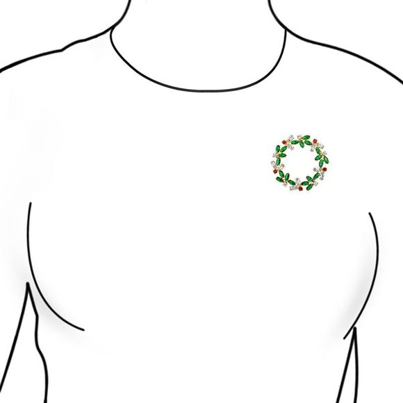 Marquise CZ Green Red Christmas Holiday Round Wreath Brooch Pin - Green - Picture 3 of 4